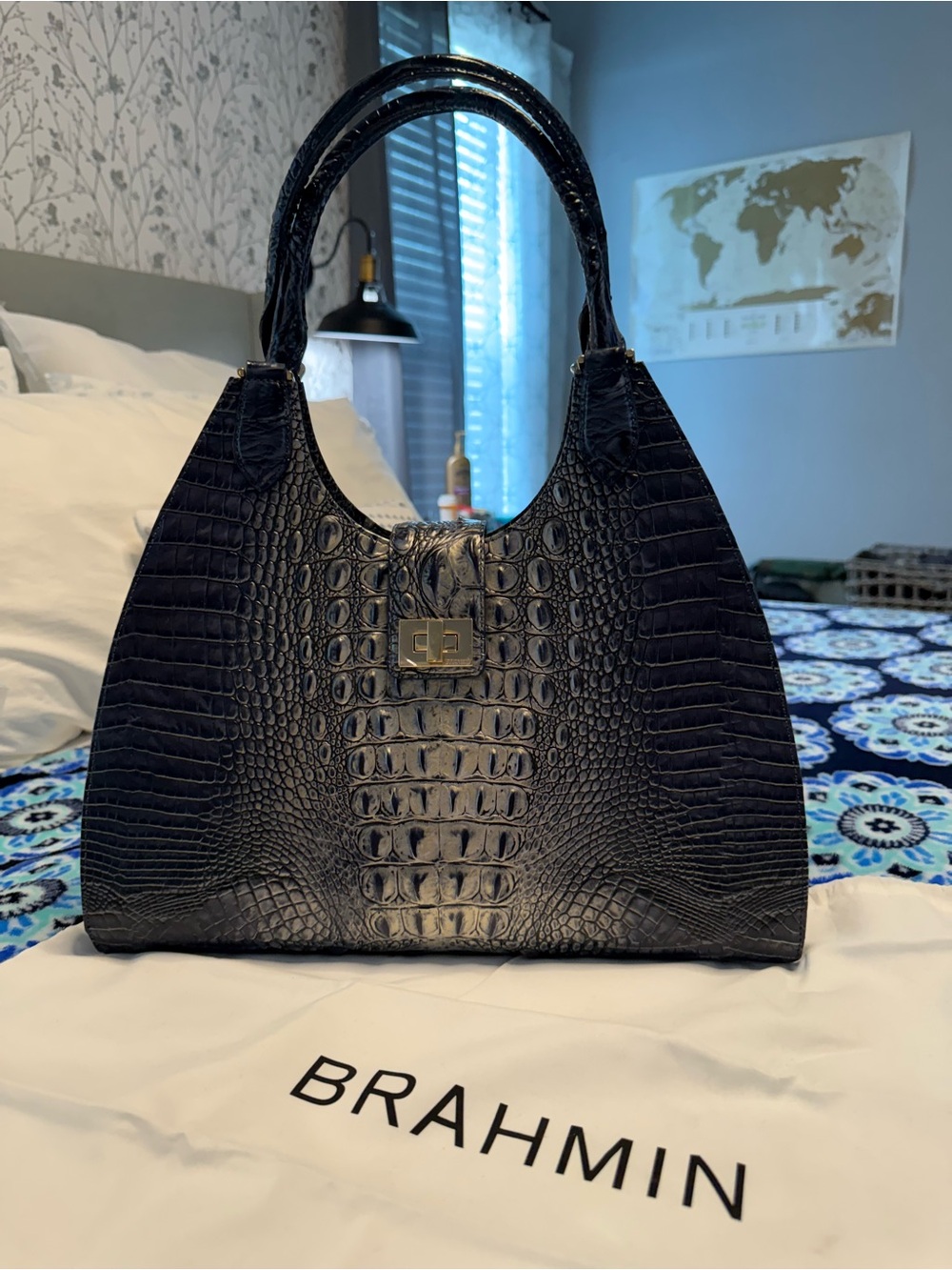 Brahmin Blue Croc-Embossed Leather Shoulder Bag